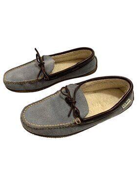 L.L. Bean Womens 8 Suede Wicked Good Moccasin Slippers Blue Shearling-Lined